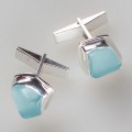 Aqua Sea Glass Sterling Silver Bezel Set Cuff Links